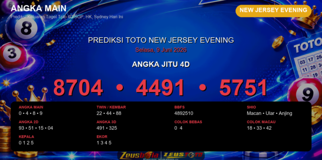 Prediksi togel New Jersey Evening hari ini lengkap 2D 3D 4D 9 Juni 2026