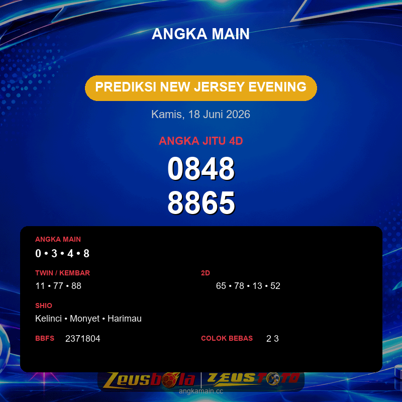 Prediksi togel New Jersey Evening hari ini lengkap 2D 3D 4D 18 Juni 2026