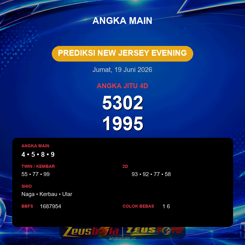 Prediksi togel New Jersey Evening hari ini lengkap 2D 3D 4D 19 Juni 2026