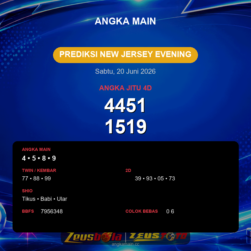 Prediksi togel New Jersey Evening hari ini lengkap 2D 3D 4D 20 Juni 2026