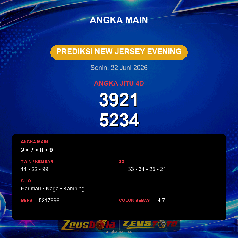 Prediksi togel New Jersey Evening hari ini lengkap 2D 3D 4D 22 Juni 2026