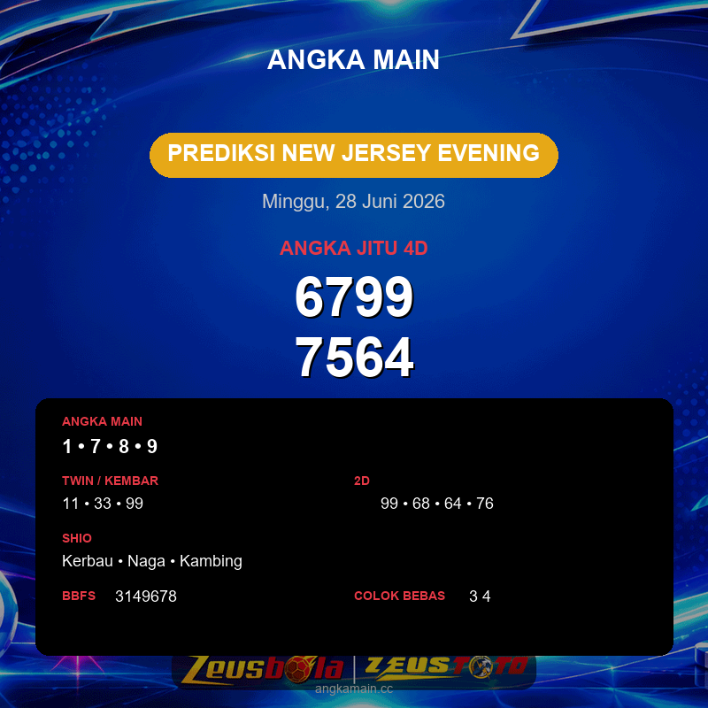 Prediksi togel New Jersey Evening hari ini lengkap 2D 3D 4D 28 Juni 2026