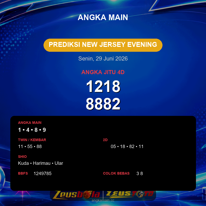 Prediksi togel New Jersey Evening hari ini lengkap 2D 3D 4D 29 Juni 2026