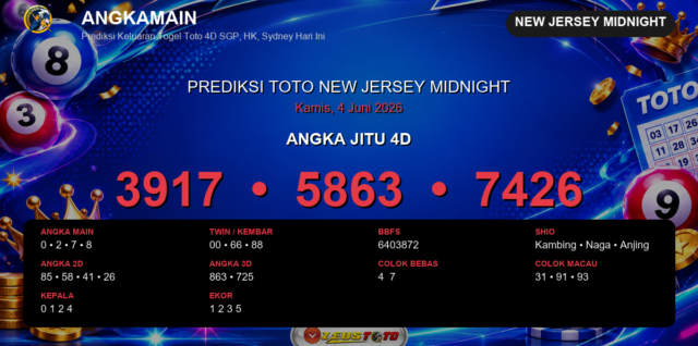 Prediksi togel New Jersey Midnight hari ini lengkap 2D 3D 4D 4 Juni 2026