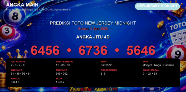 Prediksi togel New Jersey Midnight hari ini lengkap 2D 3D 4D 9 Juni 2026