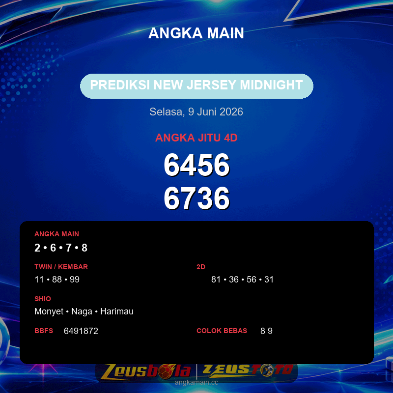 Prediksi togel New Jersey Midnight hari ini lengkap 2D 3D 4D 9 Juni 2026