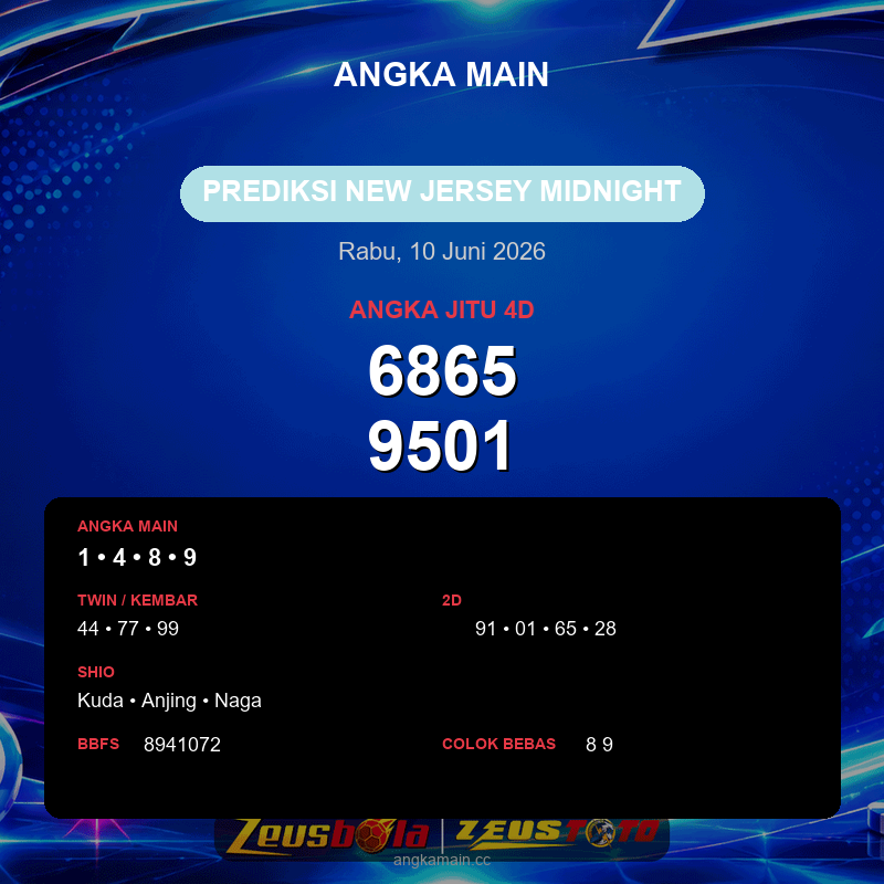 Prediksi togel New Jersey Midnight hari ini lengkap 2D 3D 4D 10 Juni 2026