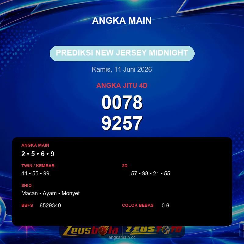 Prediksi togel New Jersey Midnight hari ini lengkap 2D 3D 4D 11 Juni 2026