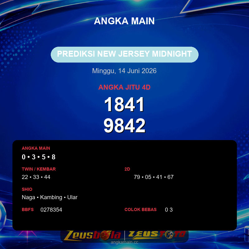Prediksi togel New Jersey Midnight hari ini lengkap 2D 3D 4D 14 Juni 2026