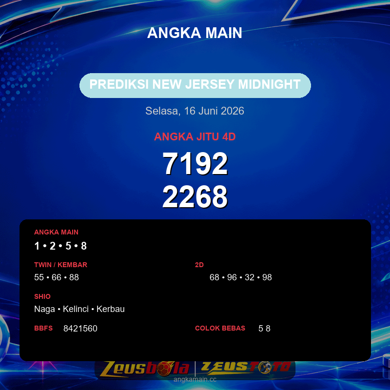 Prediksi togel New Jersey Midnight hari ini lengkap 2D 3D 4D 16 Juni 2026