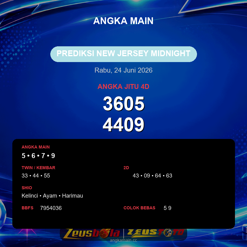 Prediksi togel New Jersey Midnight hari ini lengkap 2D 3D 4D 24 Juni 2026
