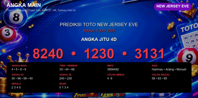 Prediksi togel New Jersey EVE hari ini lengkap 2D 3D 4D 9 Juni 2026