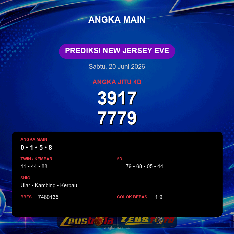 Prediksi togel New Jersey EVE hari ini lengkap 2D 3D 4D 20 Juni 2026