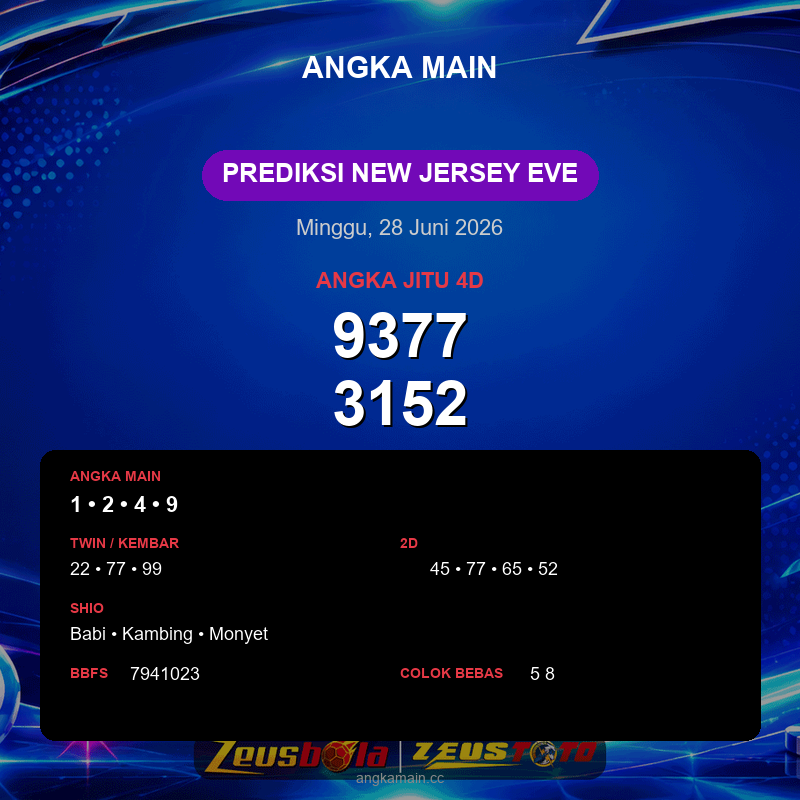 Prediksi togel New Jersey EVE hari ini lengkap 2D 3D 4D 28 Juni 2026