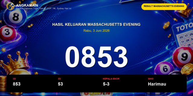 Result Massachusetts Evening hari ini 3 Juni 2026 angka 0853