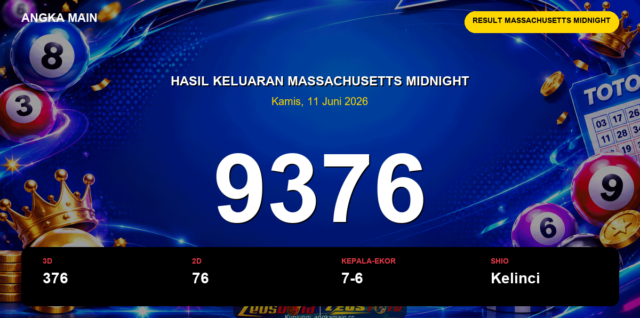 Result Massachusetts Midnight hari ini 11 Juni 2026 angka 9376