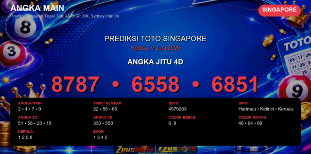 Prediksi togel Singapore hari ini lengkap 2D 3D 4D 9 Juni 2026