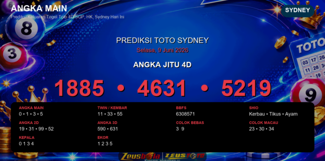 Prediksi togel Sydney hari ini lengkap 2D 3D 4D 9 Juni 2026