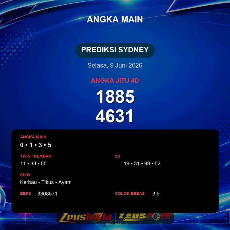 Prediksi togel Sydney hari ini lengkap 2D 3D 4D 9 Juni 2026