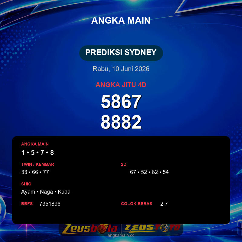 Prediksi togel Sydney hari ini lengkap 2D 3D 4D 10 Juni 2026