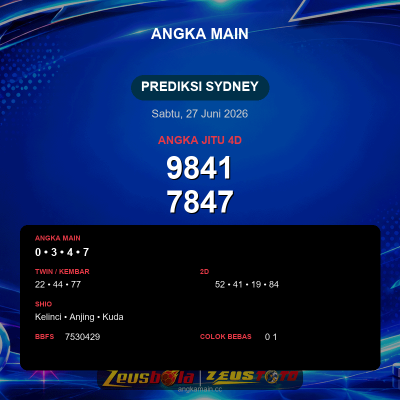 Prediksi togel Sydney hari ini lengkap 2D 3D 4D 27 Juni 2026