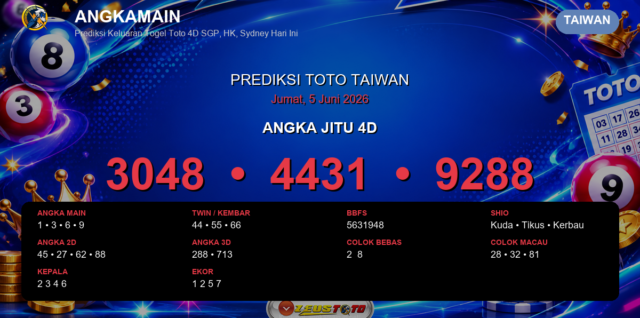 Prediksi togel Taiwan hari ini lengkap 2D 3D 4D 5 Juni 2026